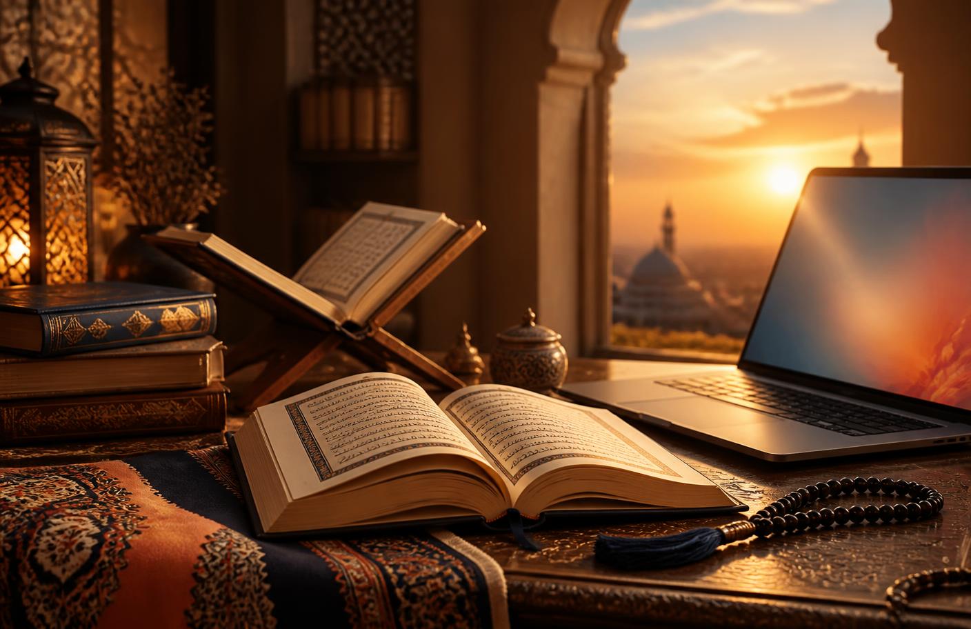 مشهد إعداد ومطالعة يجمع الكتب والحاسوب